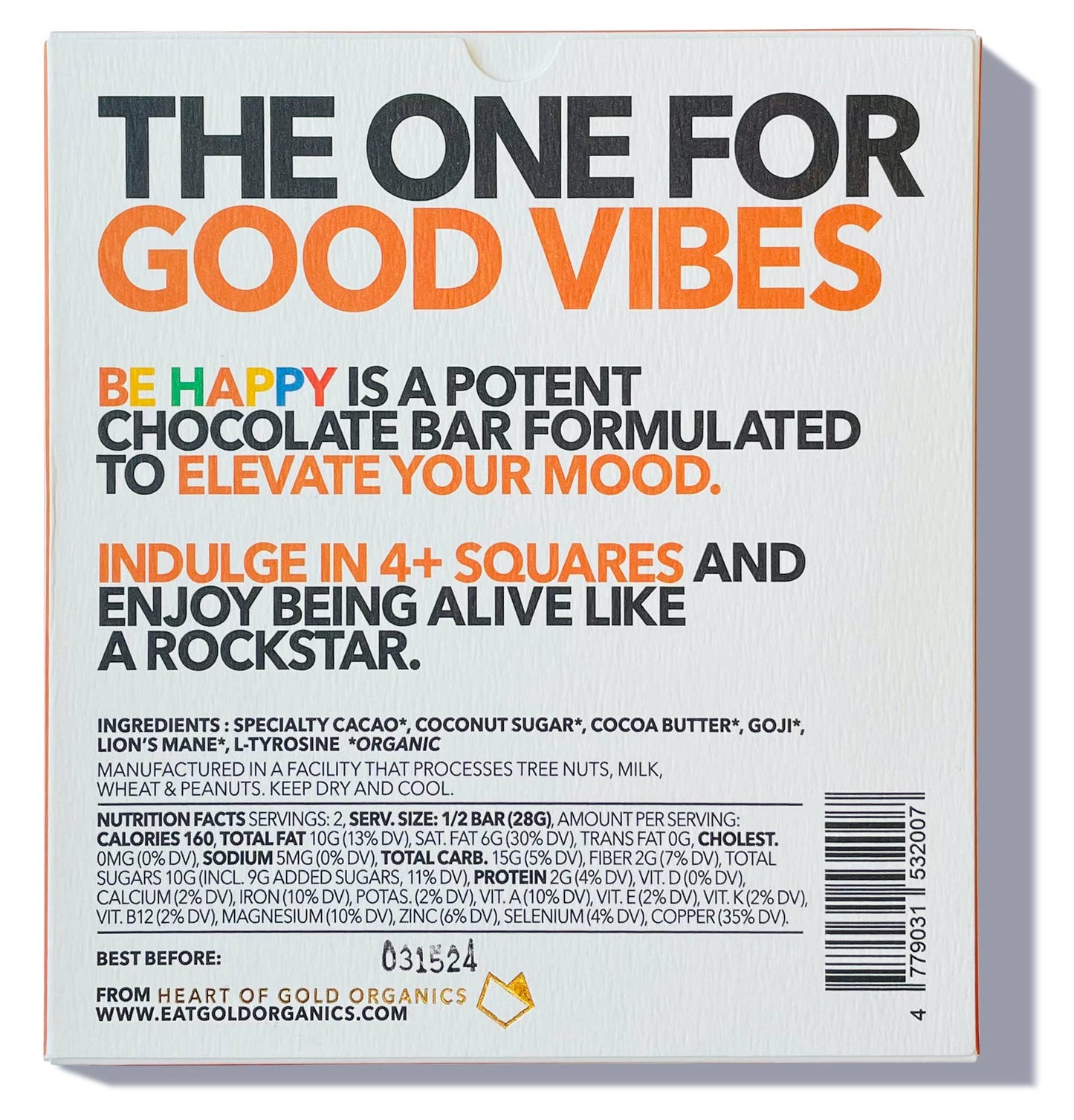 Eat Gold Organics - BE HAPPY a Potent, Functional & Delicious Chocolate Bar